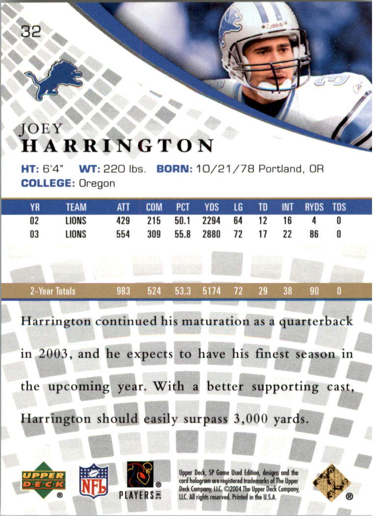 2004 SP Game Used Edition Gold #32 Joey Harrington back image