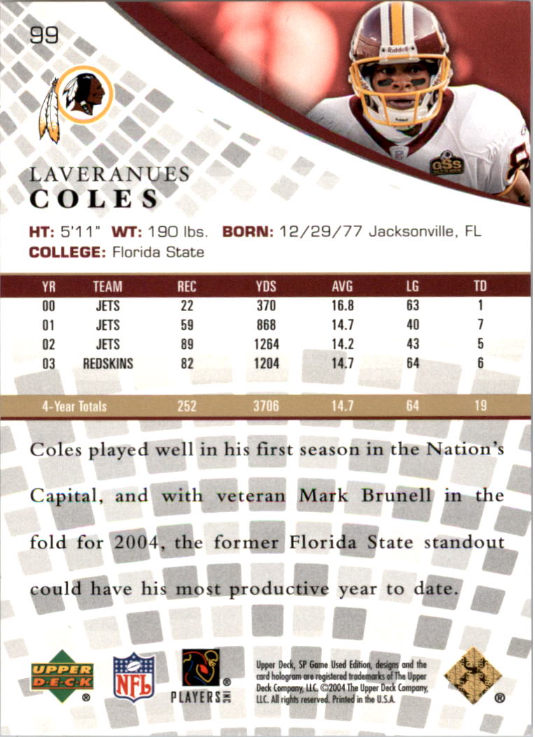 2004 SP Game Used Edition Gold #99 Laveranues Coles back image