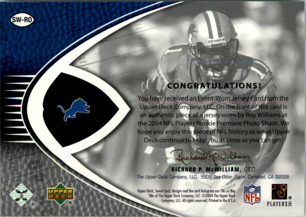 2004 Sweet Spot Sweet Swatches #SWRO Roy Williams WR back image