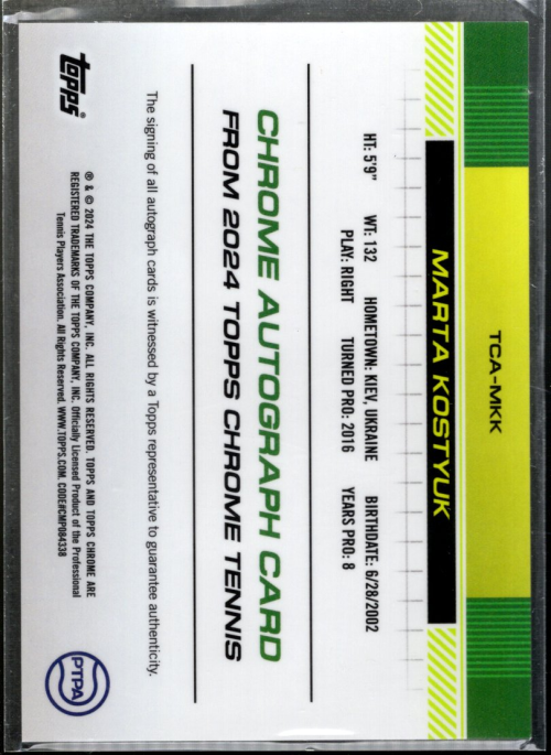 B5545- 2024 Topps Chrome Tennis Autographs I #TCAMKK Marta Kostyuk
