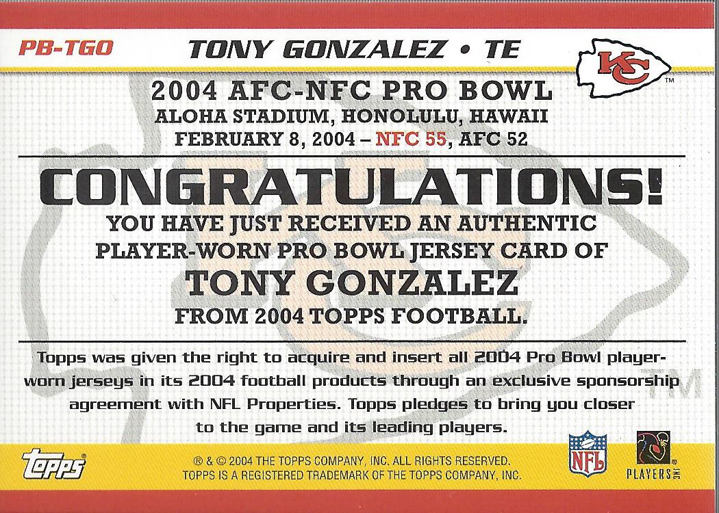 2004 Topps Pro Bowl Jerseys #PBTGO Tony Gonzalez - Jersey - NM-MT