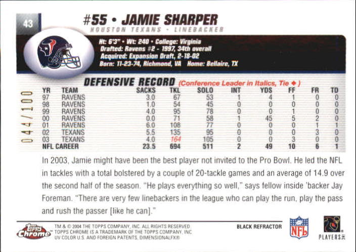 2004 Topps Chrome Black Refractors #43 Jamie Sharper back image