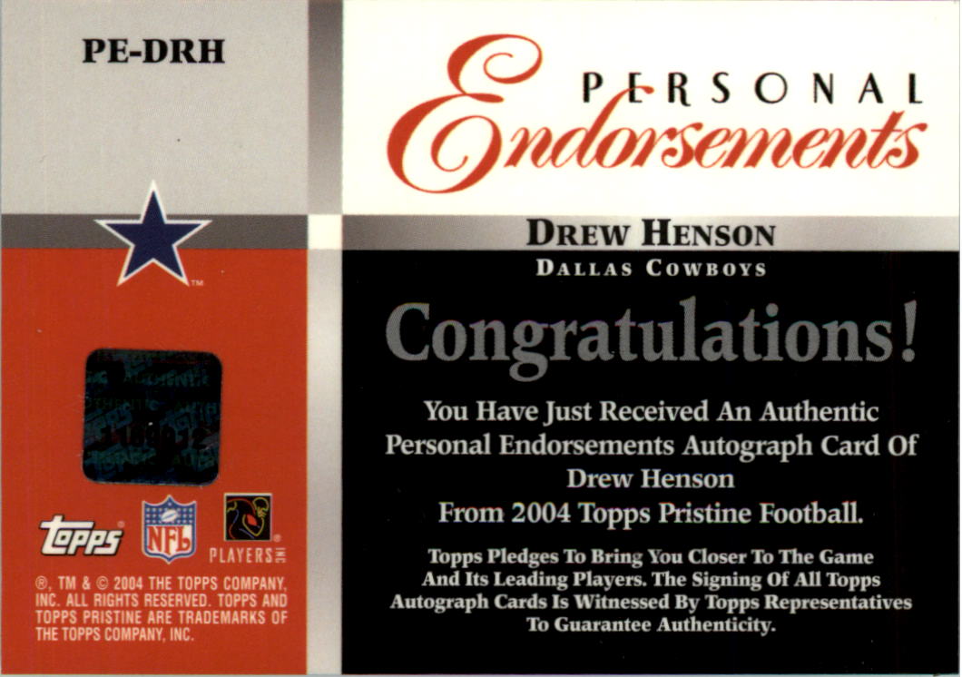 2004 Topps Pristine Personal Endorsement Autographs #PEDRH Drew Henson E back image