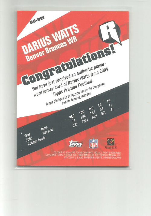 2004 Topps Pristine Rookie Revolution Jersey #RRDW Darius Watts F back image