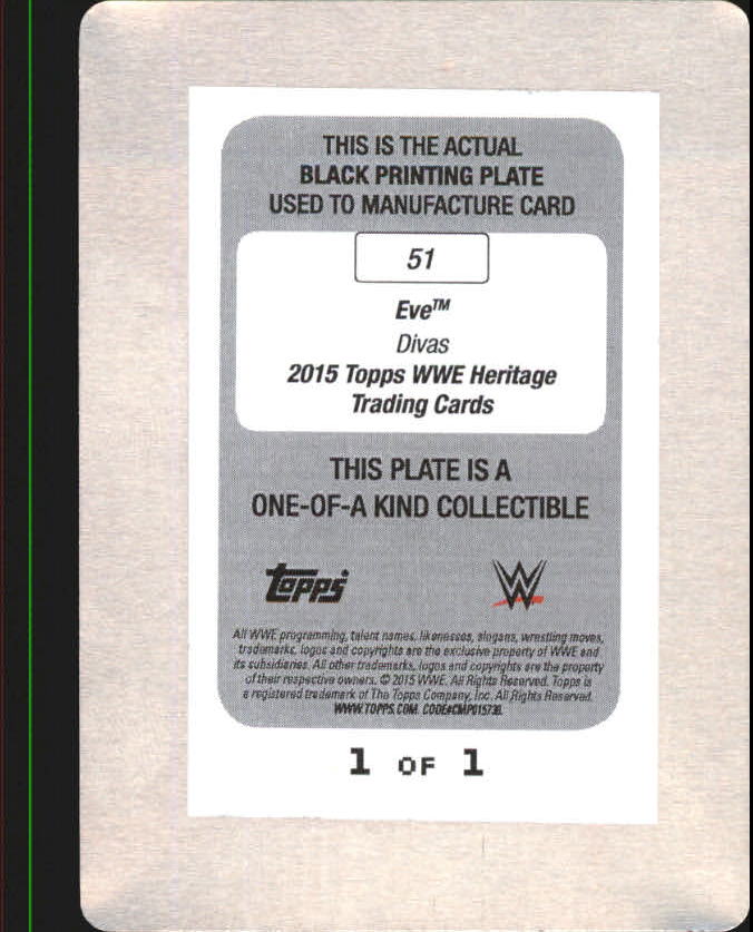 2015 Topps WWE Heritage Eve #51 Printing Plate Black 1/1 back image
