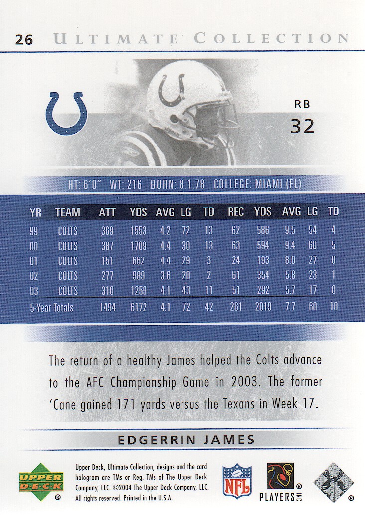 2004 Ultimate Collection #26 Edgerrin James back image