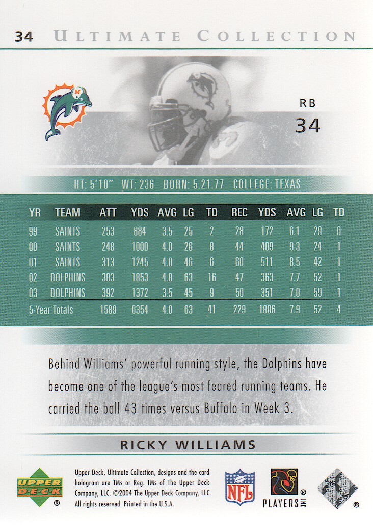 2004 Ultimate Collection #34 Ricky Williams back image