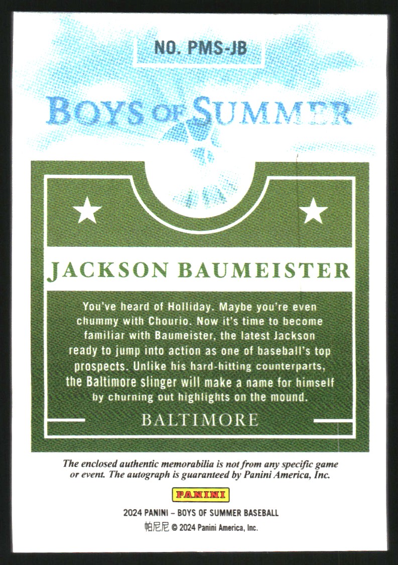 2024 Panini Boys of Summer Prospect Material Signatures Holo Silver #56 Jackson Baumeister