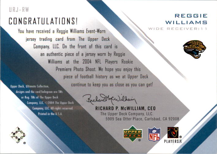 2004 Ultimate Collection Rookie Jerseys #URJRW Reggie Williams back image