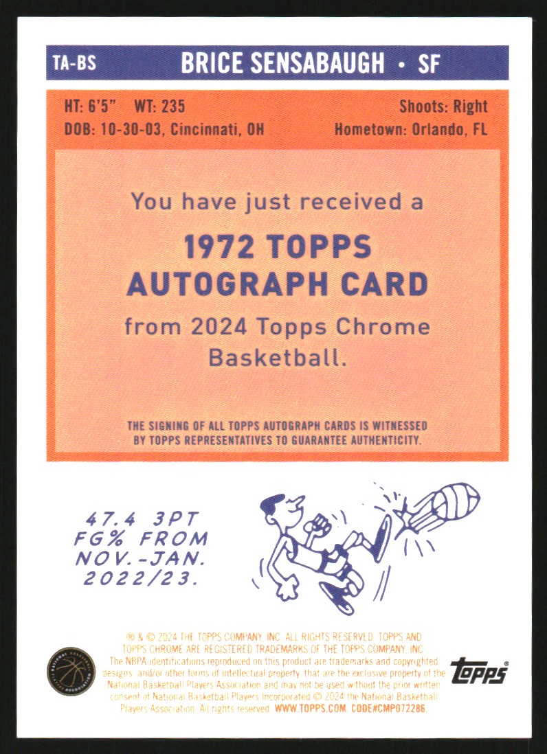 2023-24 Topps Chrome '72 Topps Autographs #TABS Brice Sensabaugh