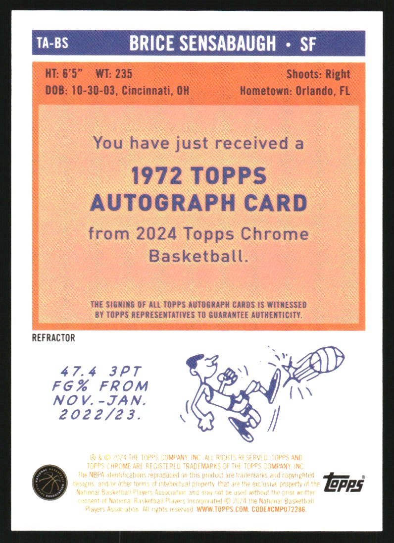 2023-24 Topps Chrome '72 Topps Autographs Refractors #TABS Brice Sensabaugh