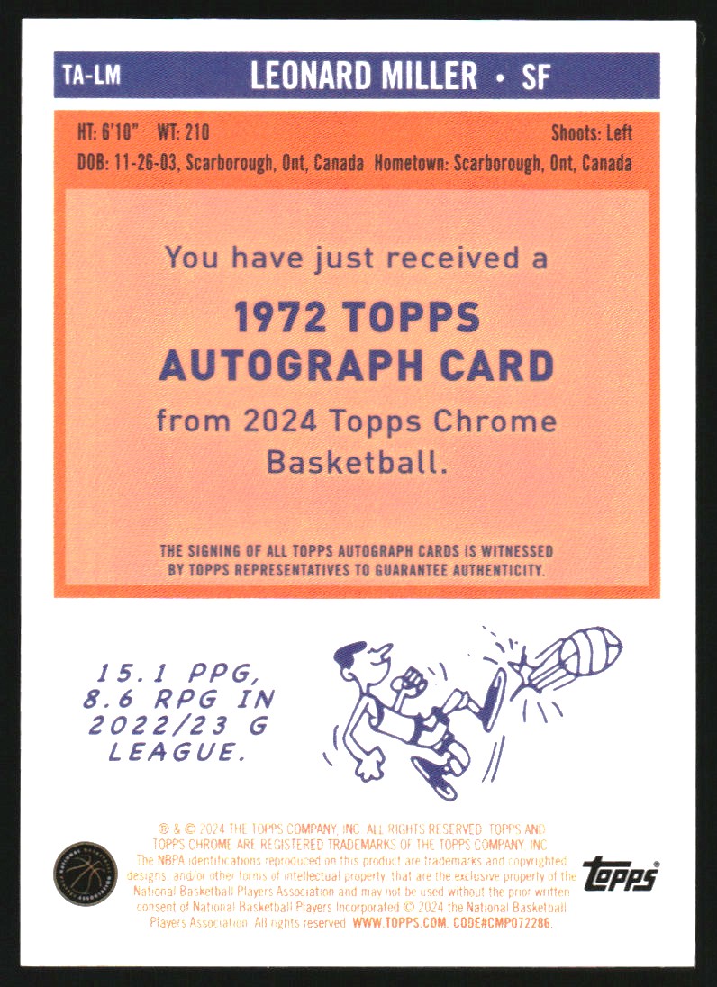 2023-24 Topps Chrome '72 Topps Autographs Gold Refractors #TALM Leonard Miller