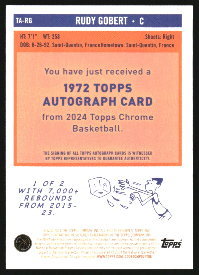 2023-24 Topps Chrome '72 Topps Autographs Gold Refractors #TARG Rudy Gobert