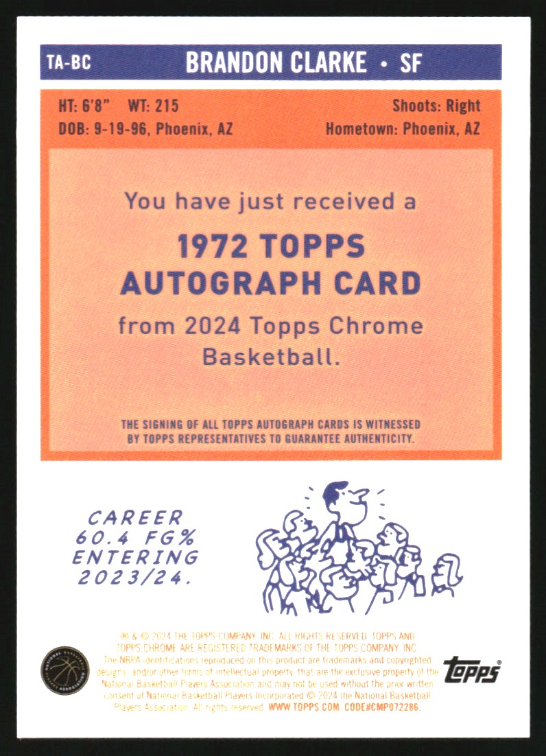 2023-24 Topps Chrome '72 Topps Autographs Orange Geometric Refractors #TABC Brandon Clarke