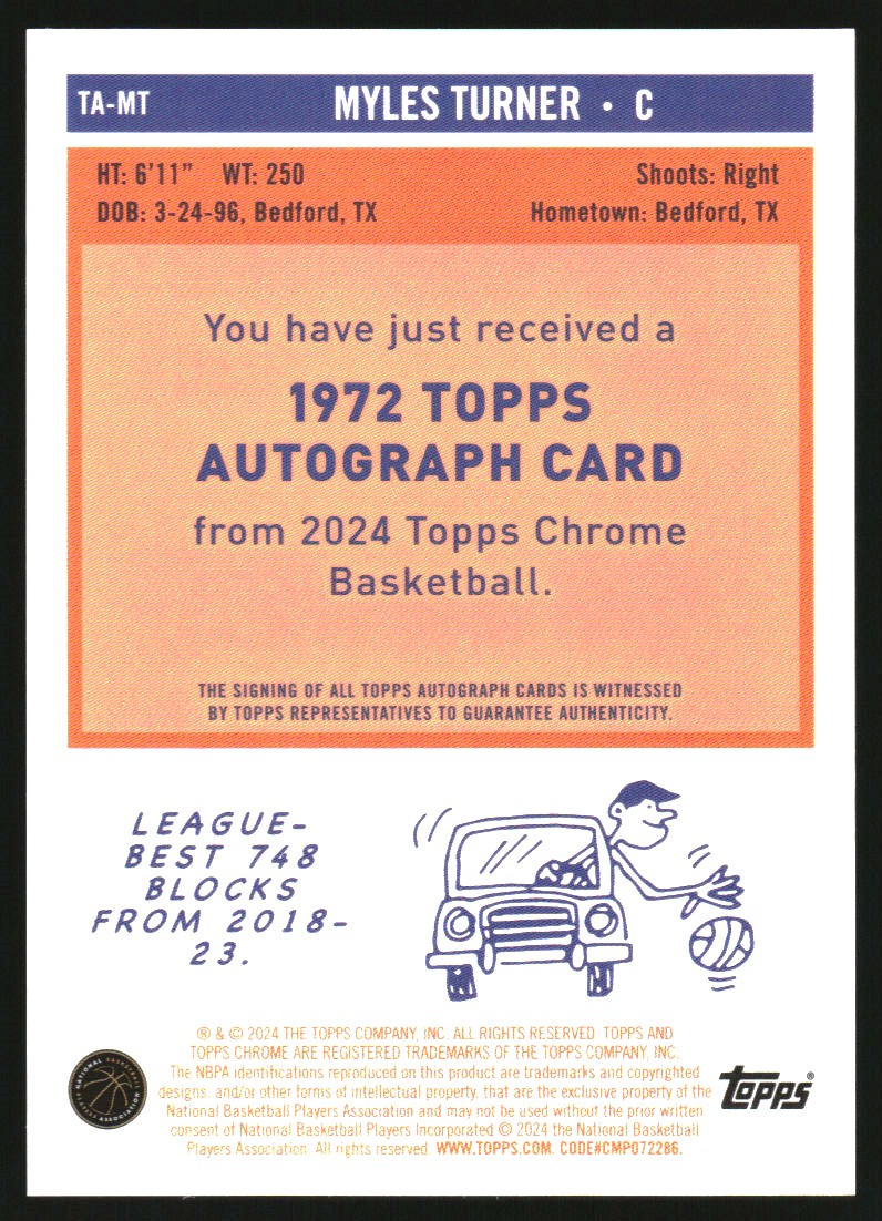 2023-24 Topps Chrome '72 Topps Autographs Orange Geometric Refractors #TAMT Myles Turner