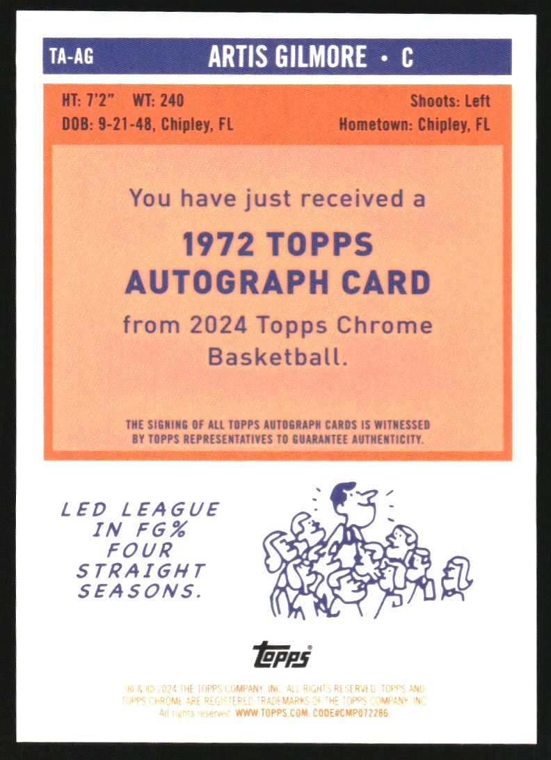 2023-24 Topps Chrome '72 Topps Autographs Purple Geometric Refractors #TAAG Artis Gilmore