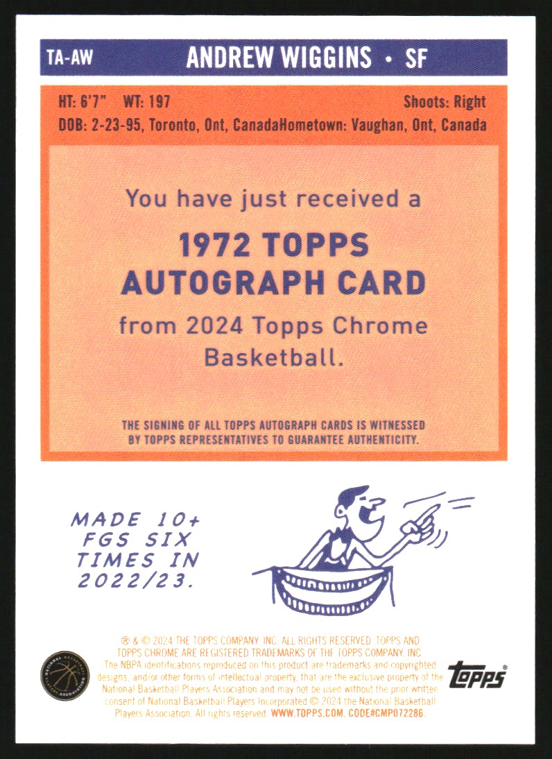 2023-24 Topps Chrome '72 Topps Autographs Purple Geometric Refractors #TAAW Andrew Wiggins
