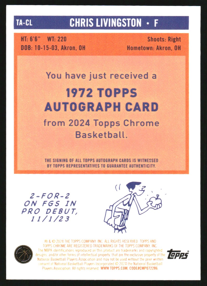 2023-24 Topps Chrome '72 Topps Autographs Purple Geometric Refractors #TACL Chris Livingston