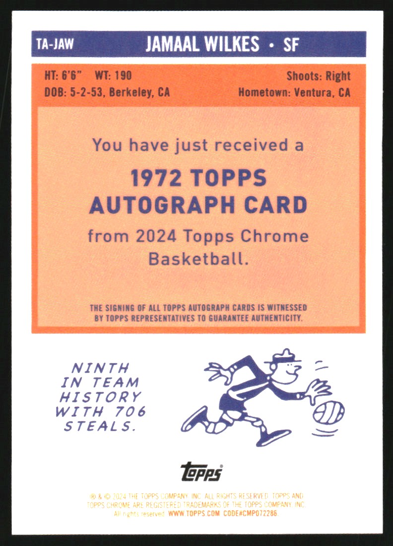2023-24 Topps Chrome '72 Topps Autographs Purple Geometric Refractors #TAJAW Jamaal Wilkes