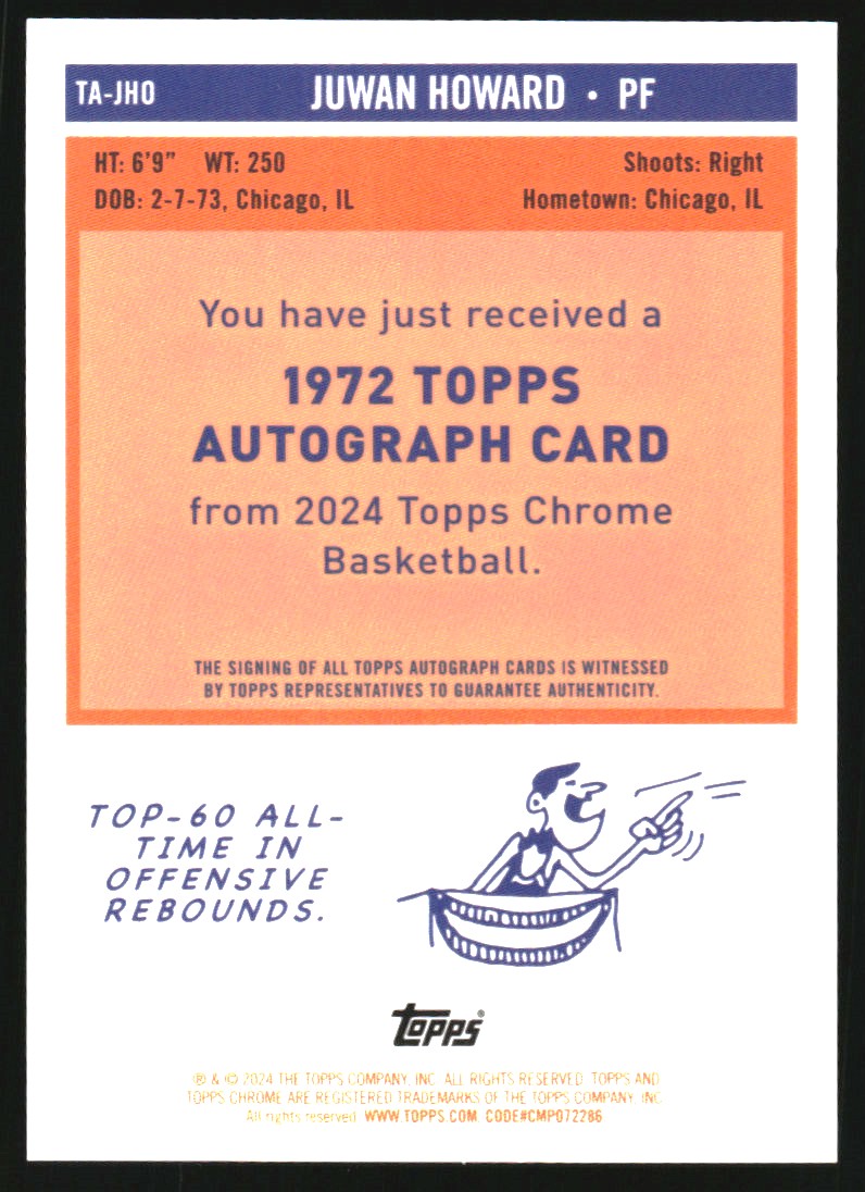2023-24 Topps Chrome '72 Topps Autographs Purple Geometric Refractors #TAJHO Juwan Howard
