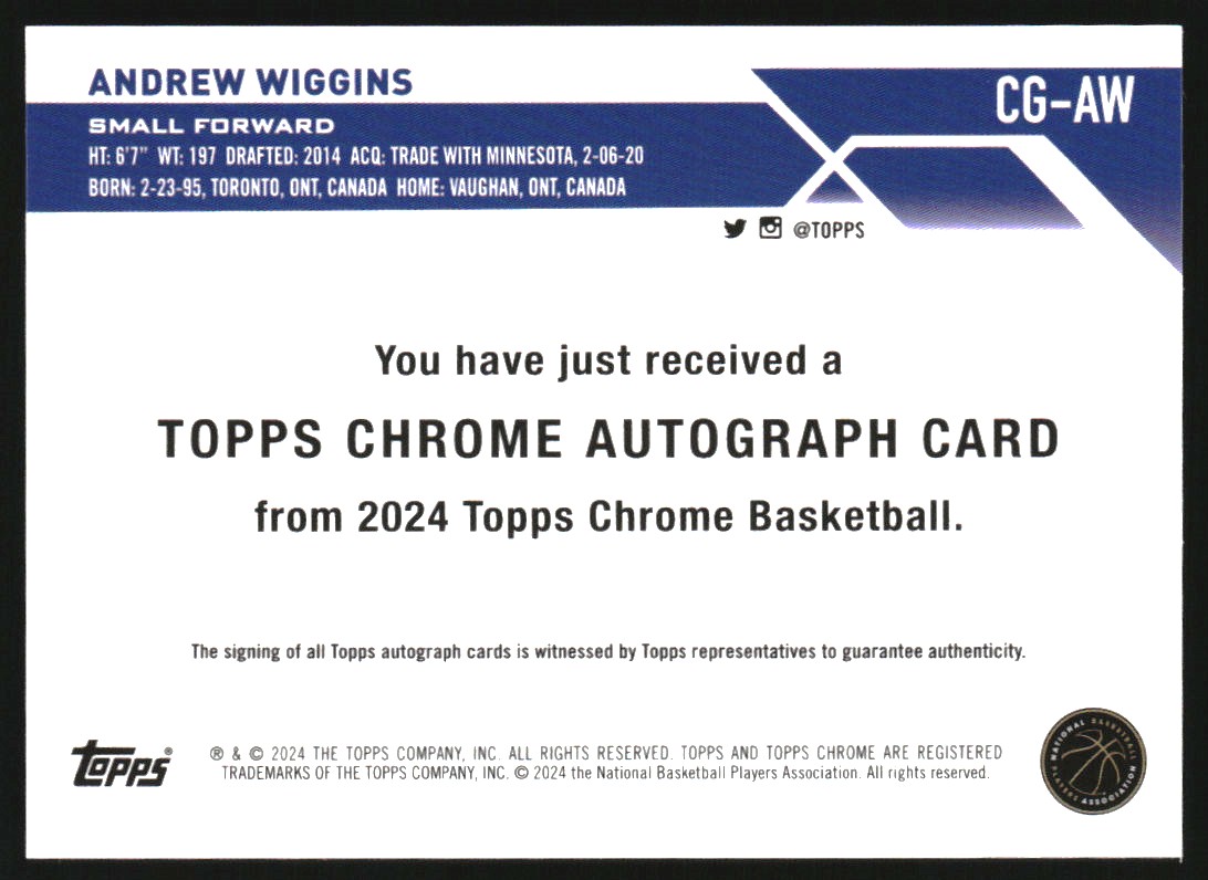 2023-24 Topps Chrome Autographs Purple Geometric Refractors #CGAW Andrew Wiggins