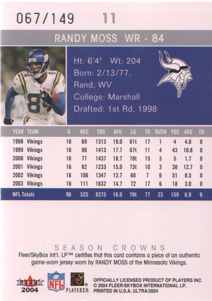2004 Ultra Season Crowns Game Used Silver #11 Randy Moss back image