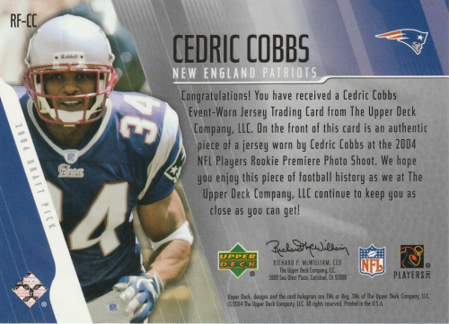 2004 Upper Deck Rookie Futures Jerseys #RFCC Cedric Cobbs back image