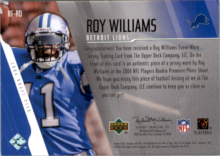 2004 Upper Deck Rookie Futures Jerseys #RFRO Roy Williams WR back image