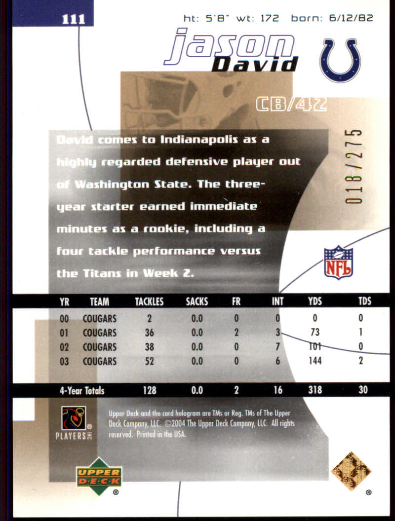 2004 Finite HG (Upper Deck) Football "Main Set" Cards #1 to #260 - Picture 203 of 277