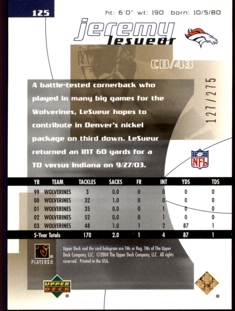 2004 Finite HG (Upper Deck) Football "Main Set" Cards #1 to #260 - Picture 211 of 277