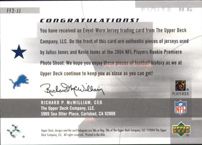2004 Upper Deck Finite HG Fabrics Duals #JJ Julius Jones/Kevin Jones back image
