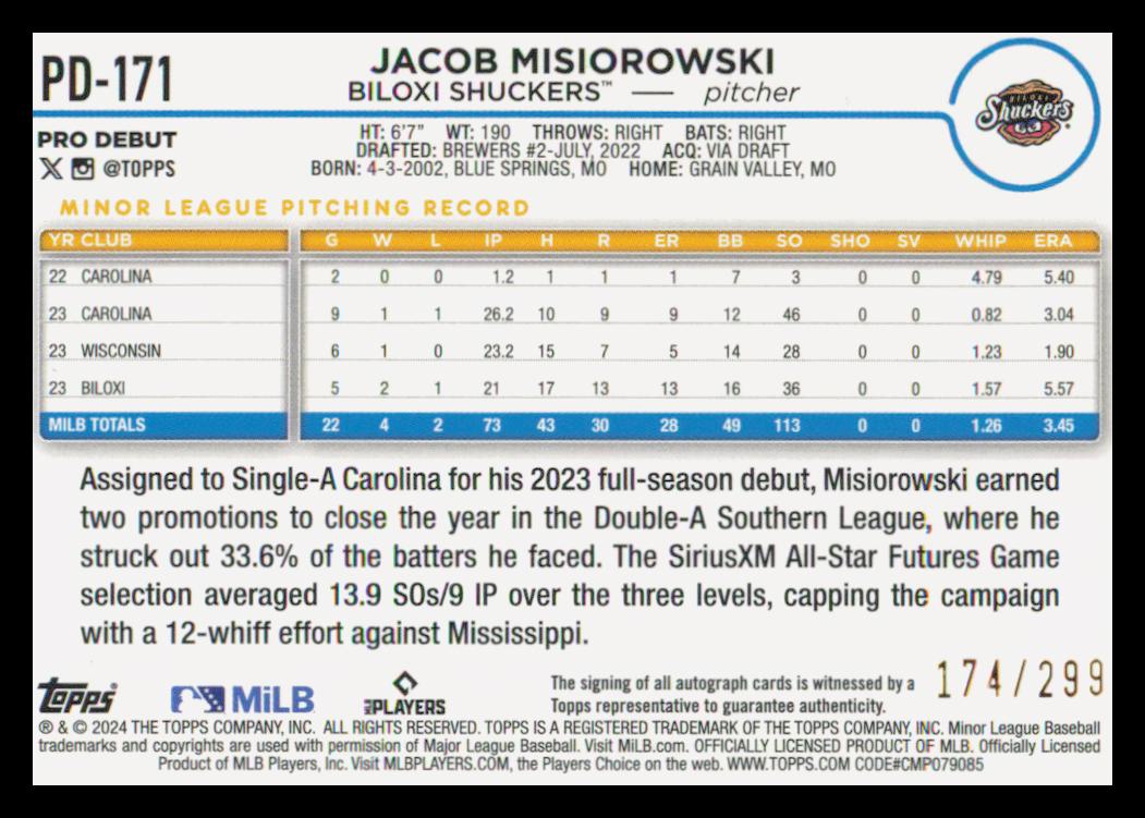 2024 Topps Pro Debut Autographs Purple Foil #PD171 Jacob Misiorowski ...