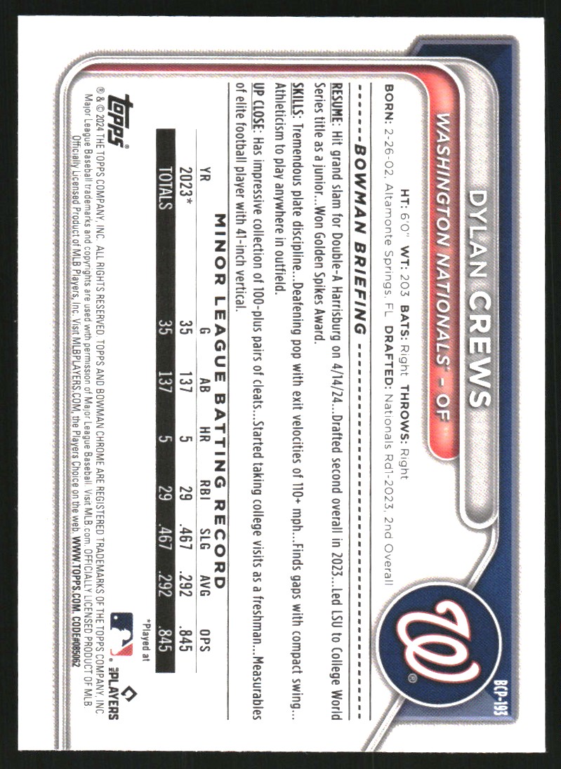 2024 Bowman Chrome Prospects #BCP193 Dylan Crews