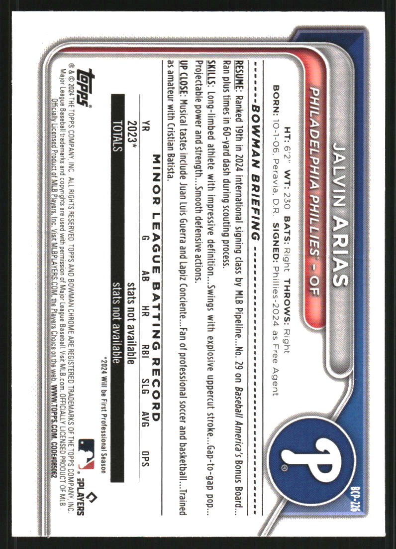 2024 Bowman Chrome Prospects Purple Refractors #BCP226 Jalvin Arias /250