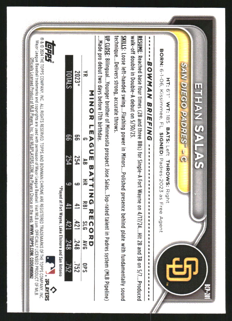 2024 Bowman Chrome Prospects Blue Refractors #BCP201 Ethan Salas