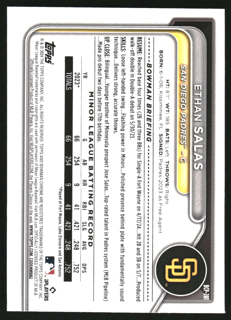 2024 Bowman Chrome Prospects Green Refractors #BCP201 Ethan Salas