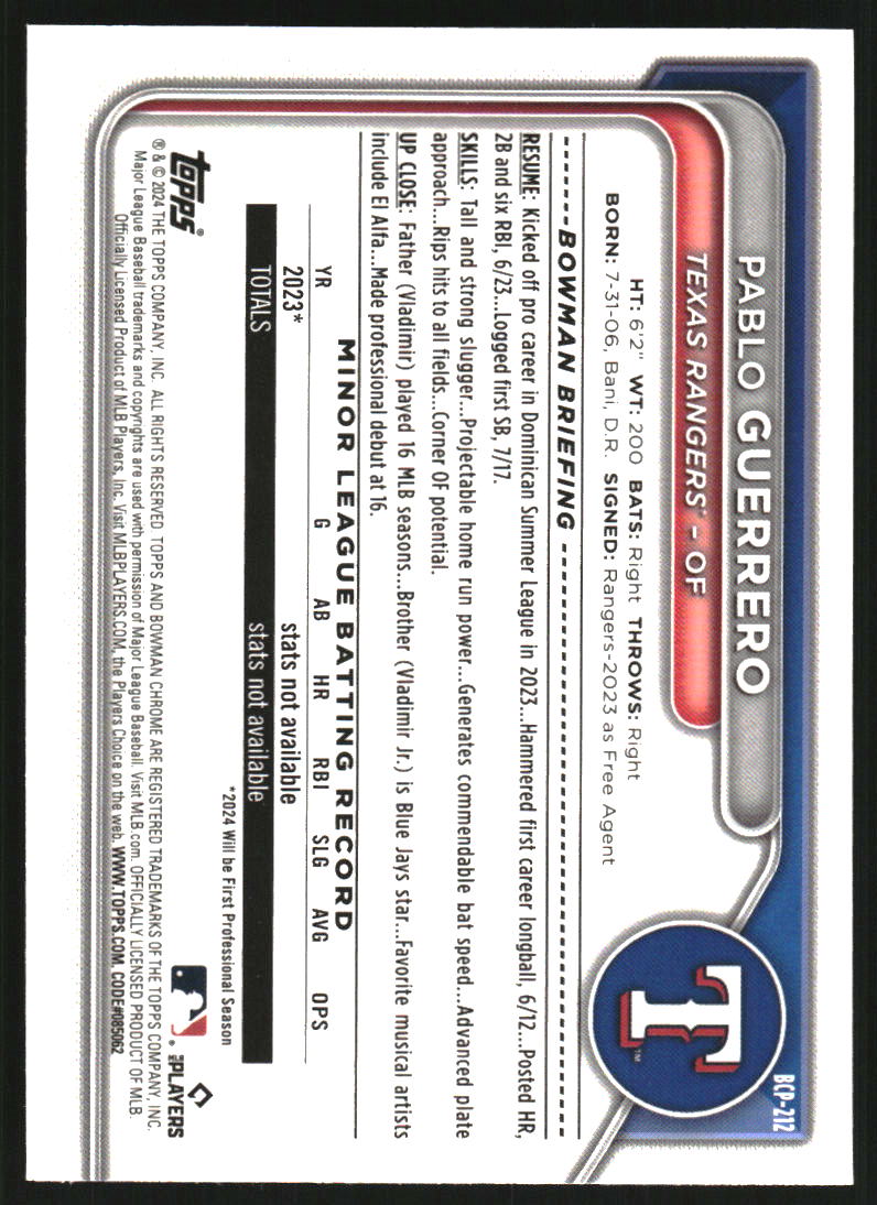 2024 Bowman Chrome Prospects Gold Refractors #BCP212 Pablo Guerrero /50