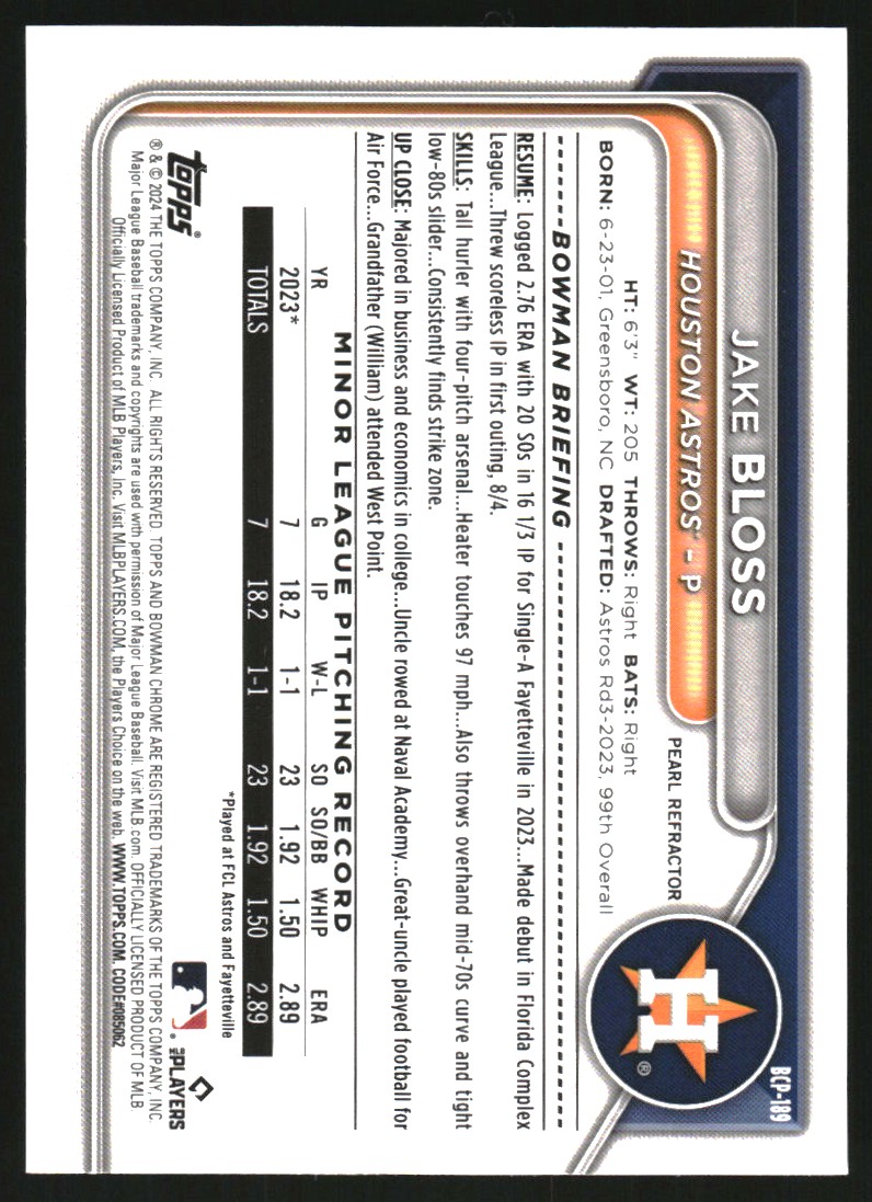 2024 Bowman Chrome Prospects Pearl Refractors #BCP189 Jake Bloss