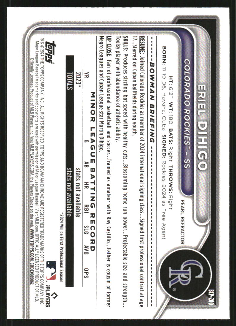 2024 Bowman Chrome Prospects Pearl Refractors #BCP200 Eriel Dihigo