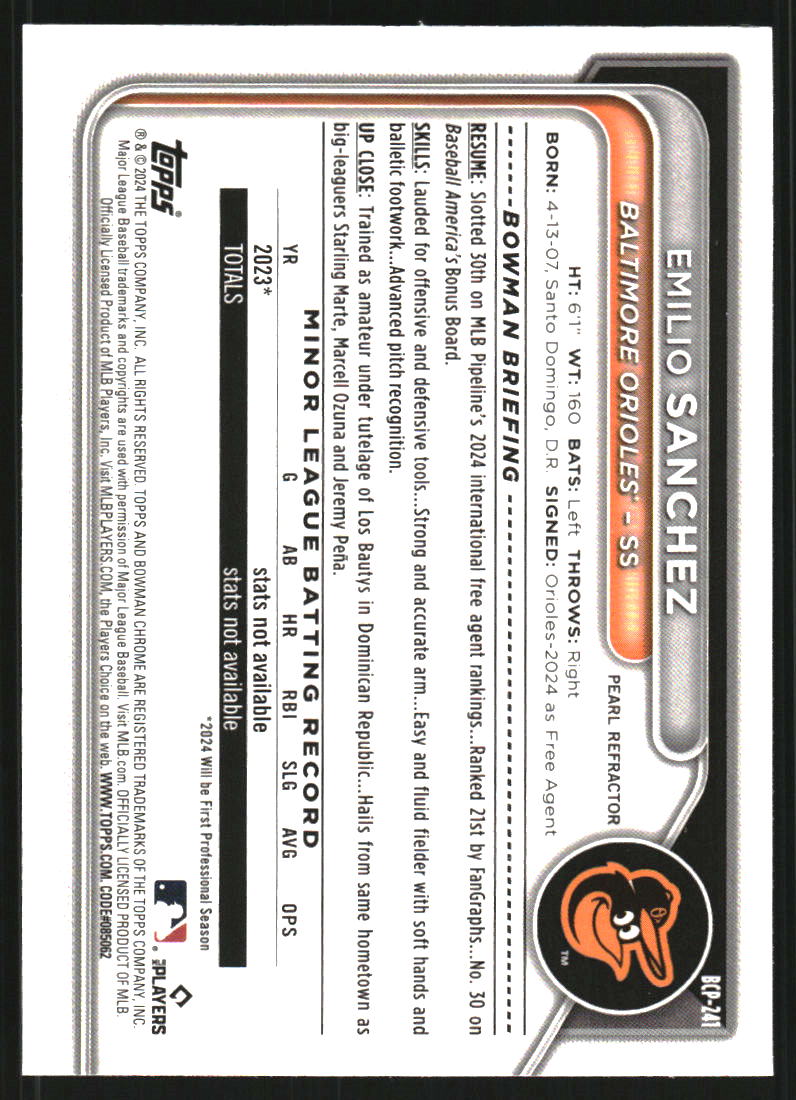 2024 Bowman Chrome Prospects Pearl Refractors #BCP241 Emilio Sanchez