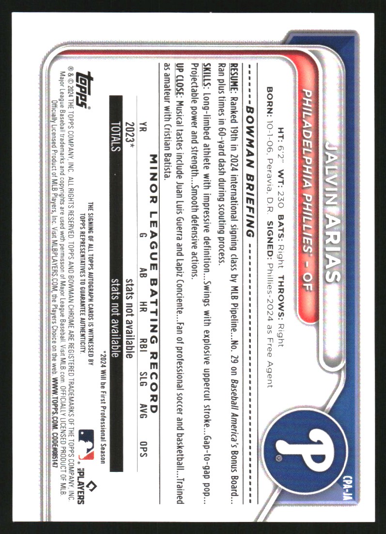 2024 Bowman Chrome Prospect Autographs #CPAJA Jalvin Arias