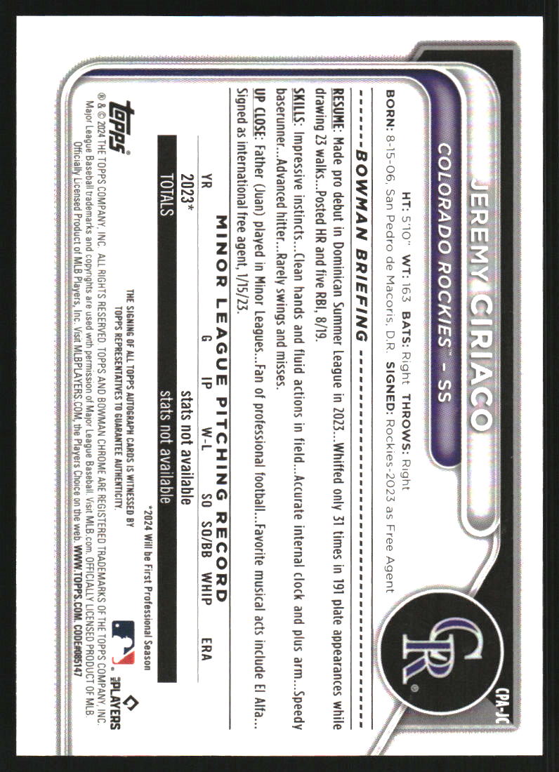 2024 Bowman Chrome Prospect Autographs HTA Choice Refractors #CPAJC Jeremy Ciriaco Auto /150