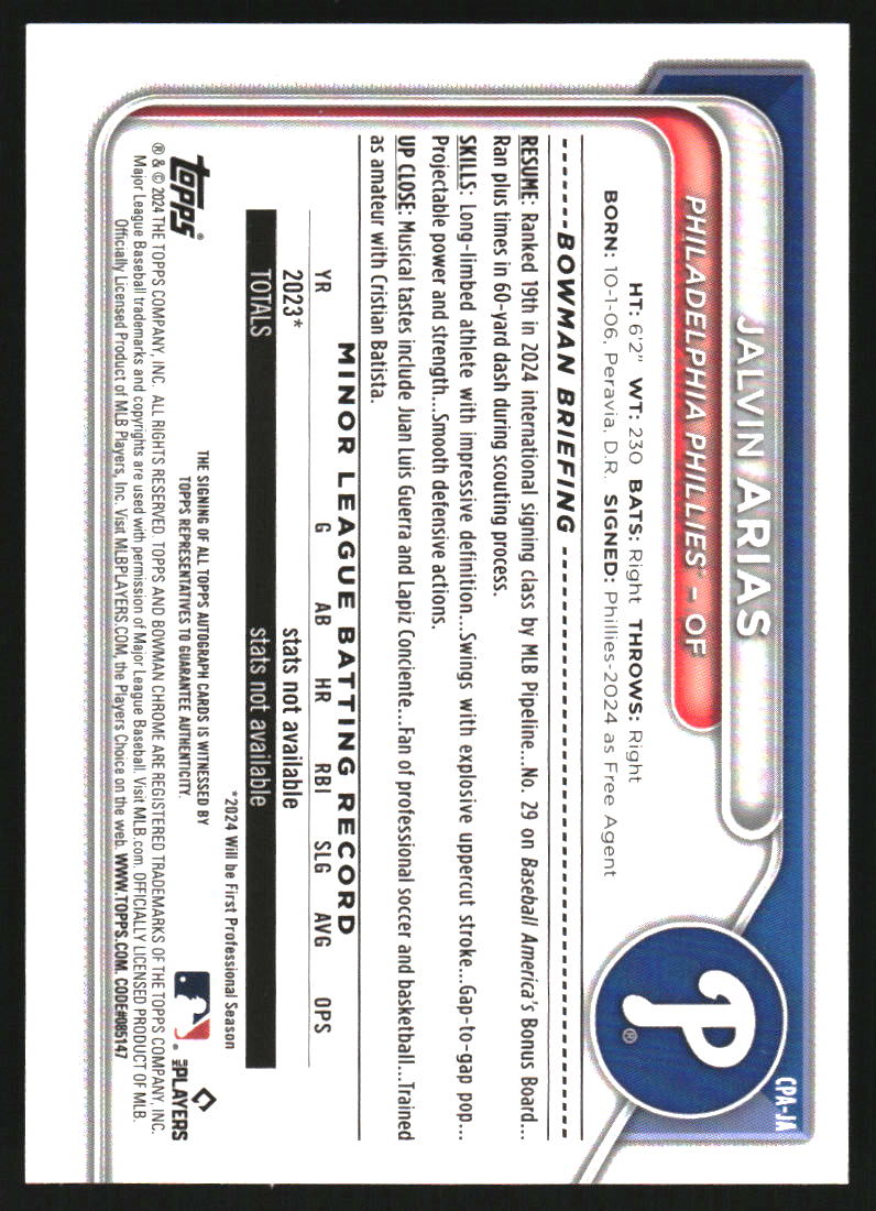 2024 Bowman Chrome Prospect Autographs Green Refractors #CPAJA Jalvin Arias Auto /99