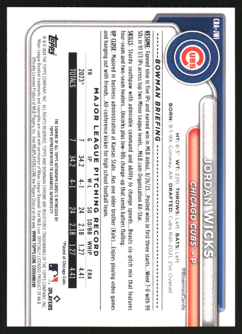 2024 Bowman Chrome Rookie Autographs #CRAJWI Jordan Wicks