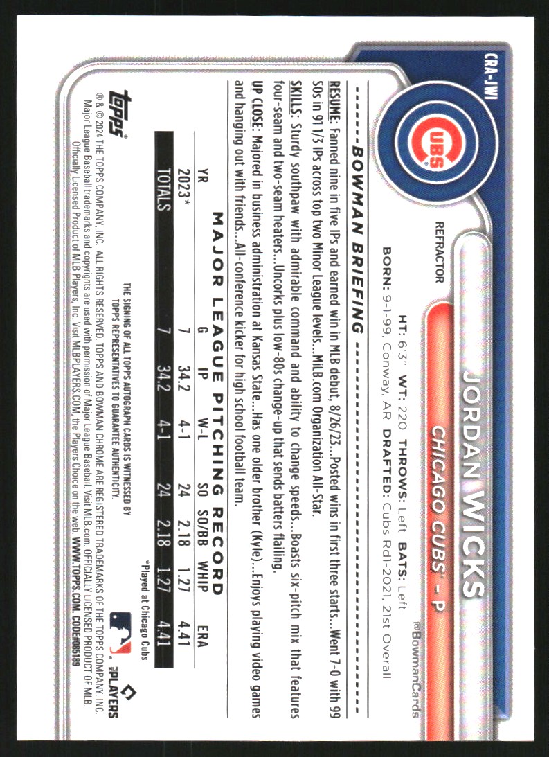2024 Bowman Chrome Rookie Autographs Refractors #CRAJWI Jordan Wicks
