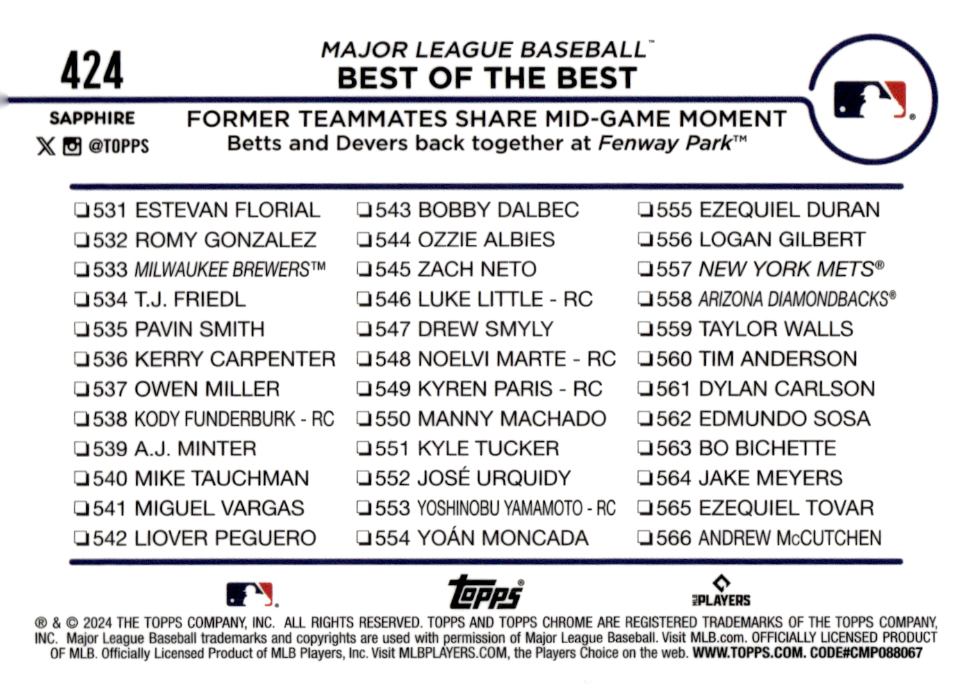 2024 Topps Chrome Sapphire Gold Refractors #424 Mookie Betts/Rafael Devers CL back image