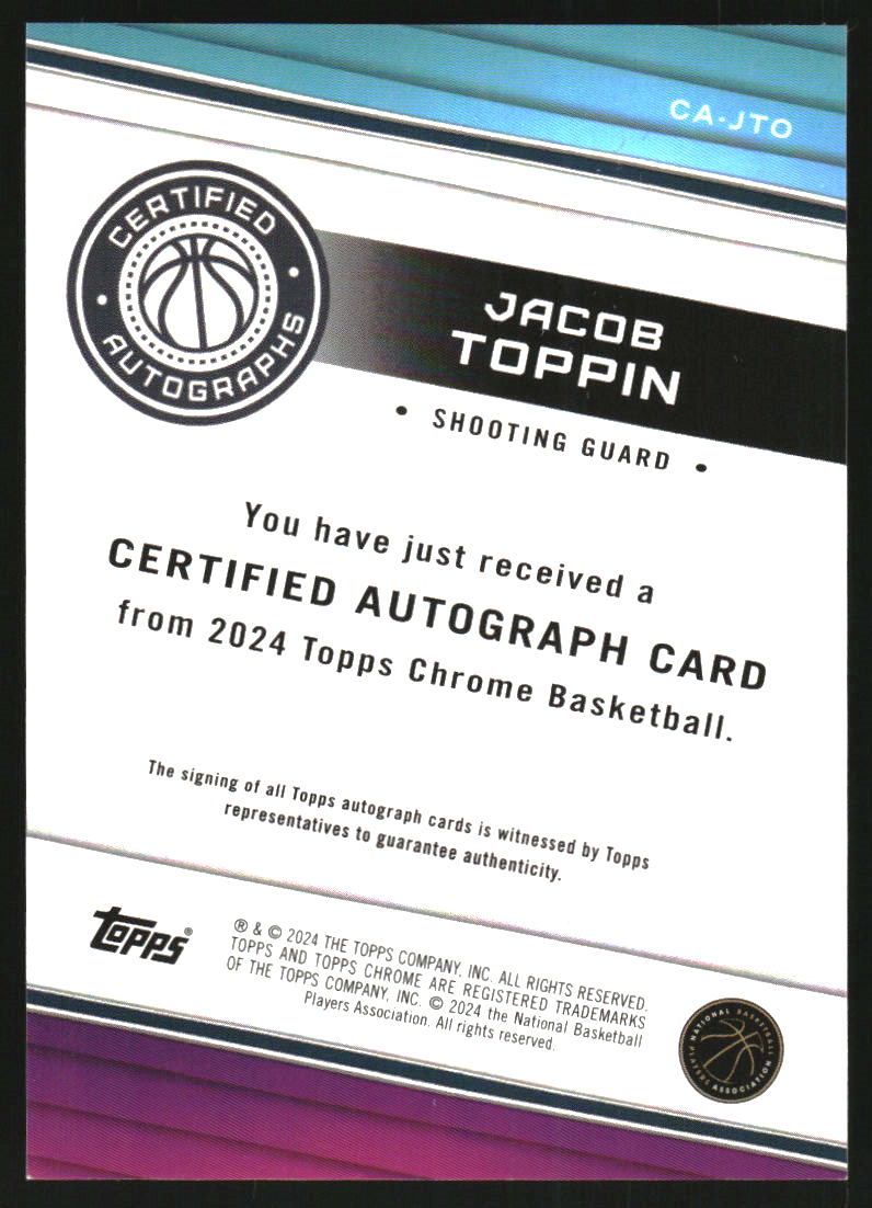 2023-24 Topps Chrome Certified Autographs #CAJTO Jacob Toppin Auto