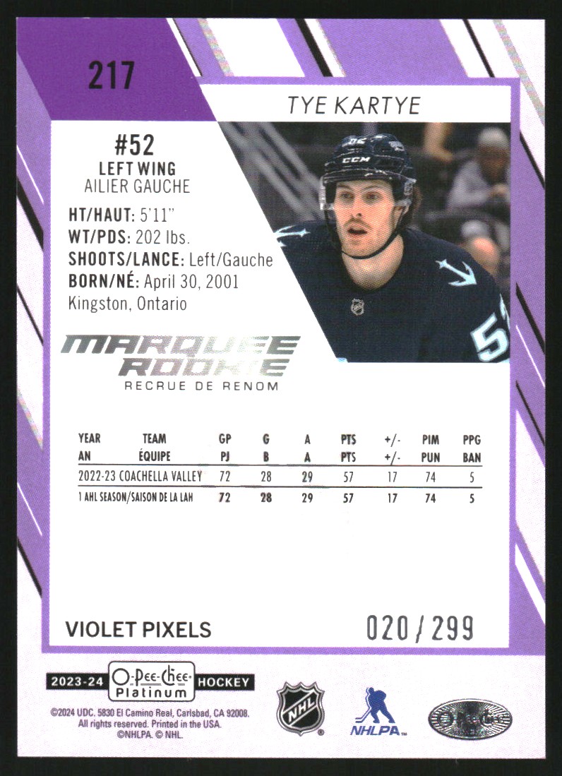 2023-24 O-Pee-Chee Platinum Violet Pixels #217 Tye Kartye