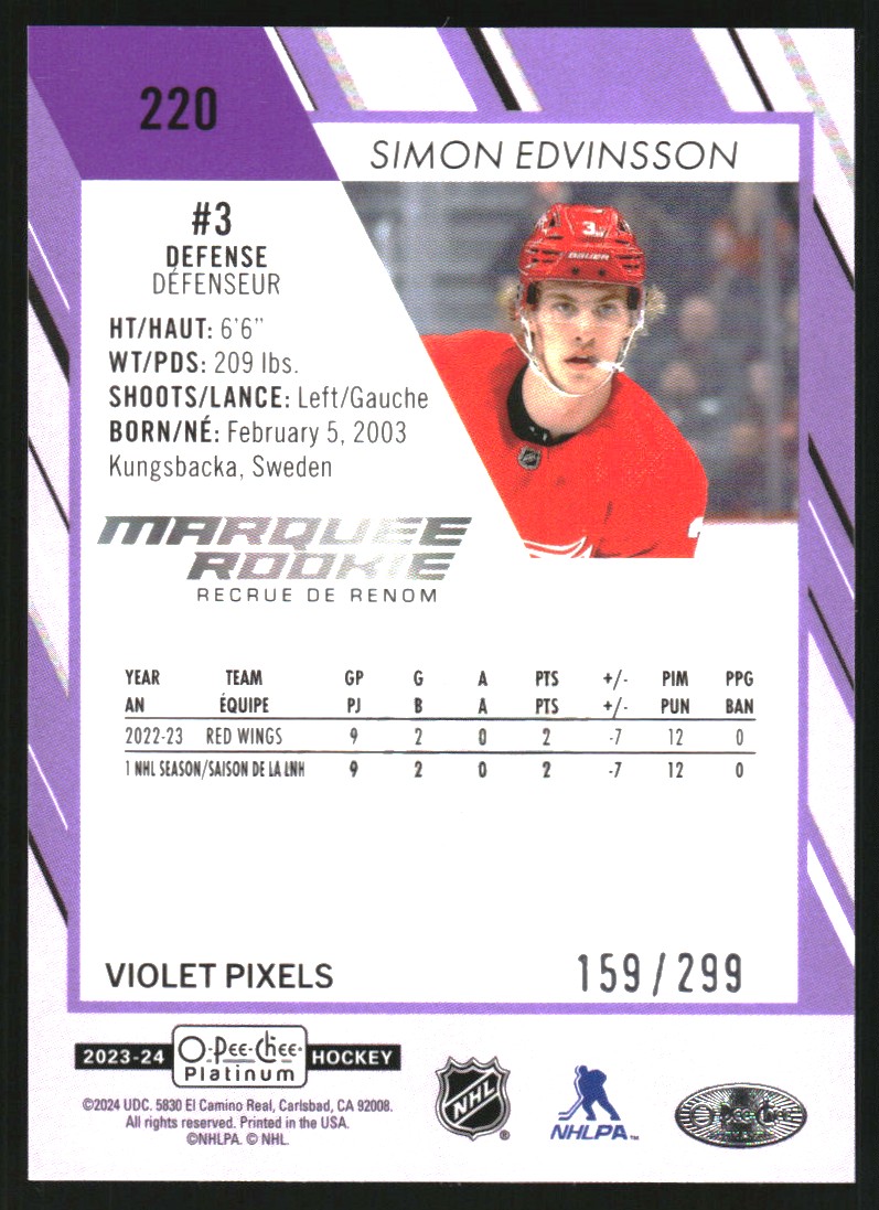 2023-24 O-Pee-Chee Platinum Violet Pixels #220 Simon Edvinsson