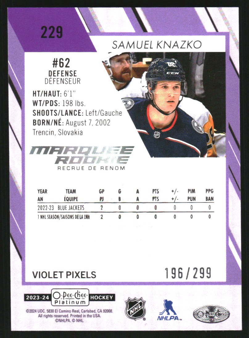2023-24 O-Pee-Chee Platinum Violet Pixels #229 Samuel Knazko